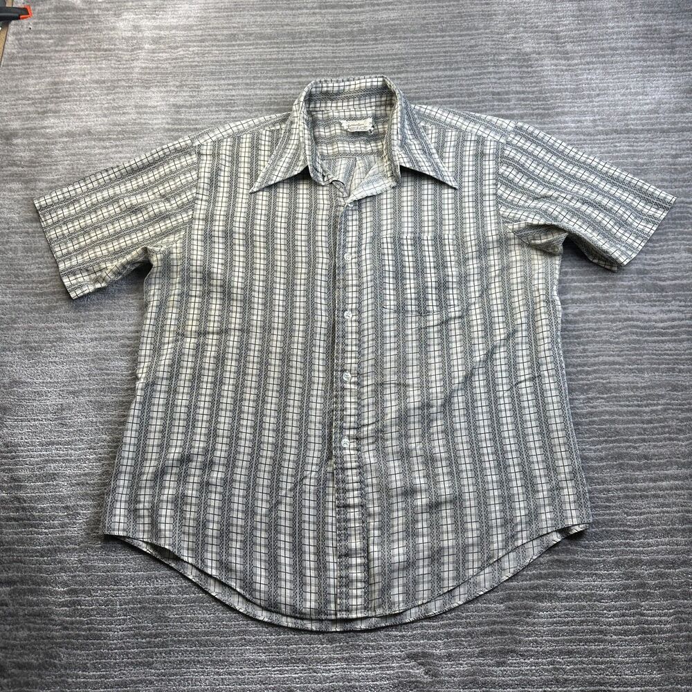 VINTAGE Golden Line Button Up Shirt Mens Extra Large Gray 60s 70s Disco Collar